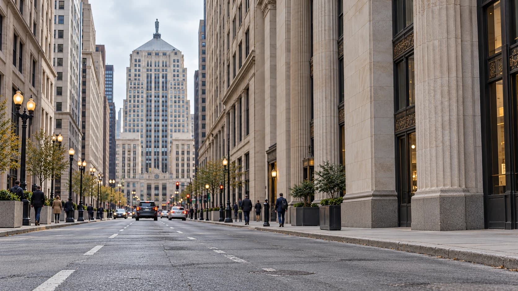 LaSalle Street and the Chicago Board of Trade on a cloudy day
