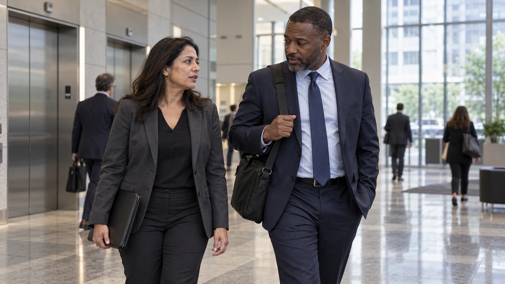 Two business colleagues heading to a meeting through an office lobby