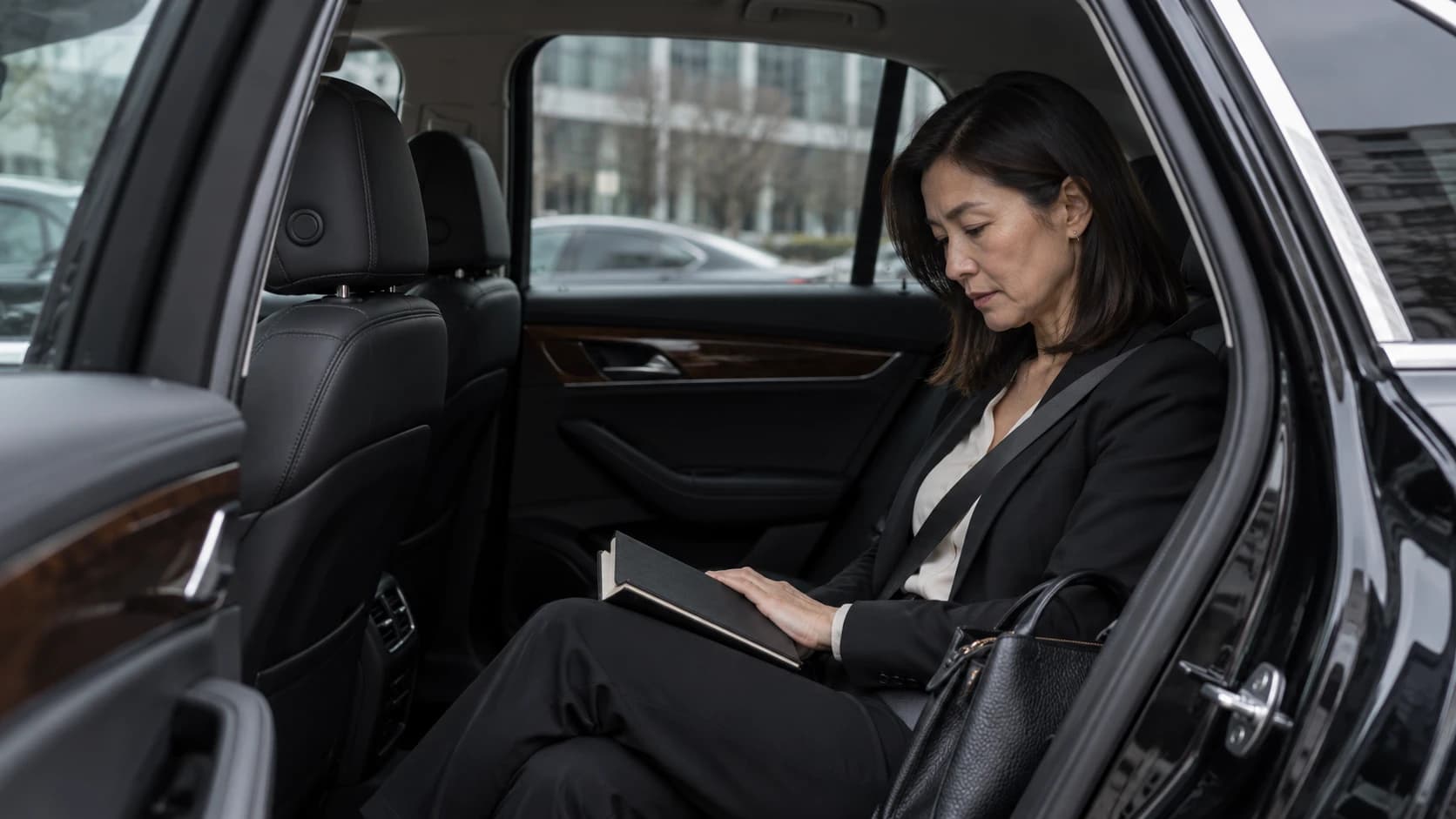 Woman reviewing a notebook in the rear seat of a parked sedan