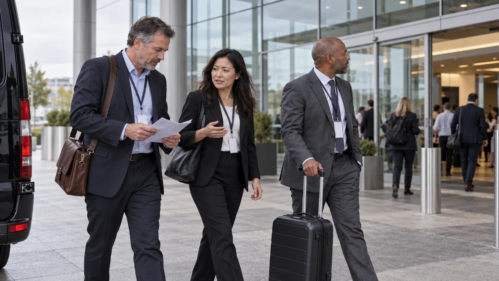 Colleagues arriving at a convention venue with their bags