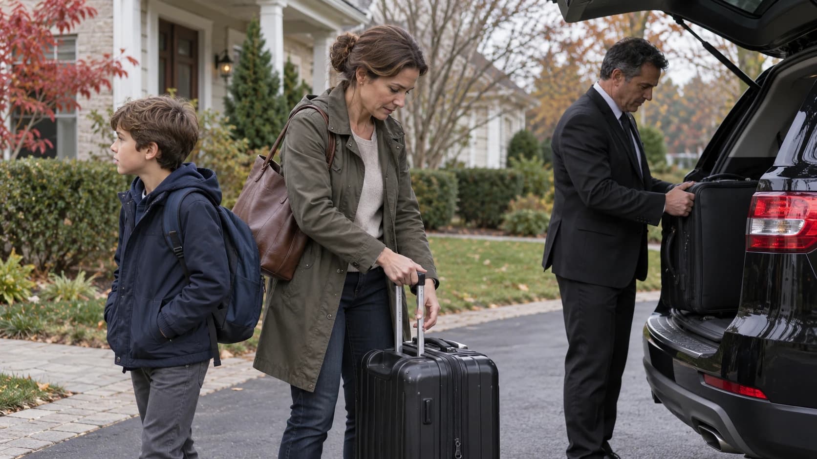 Parent and child with luggage before a suburban pickup