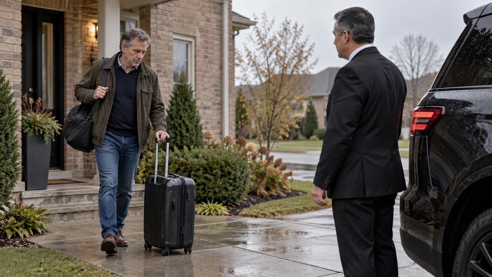 Traveler leaving home with a suitcase for a chauffeur pickup