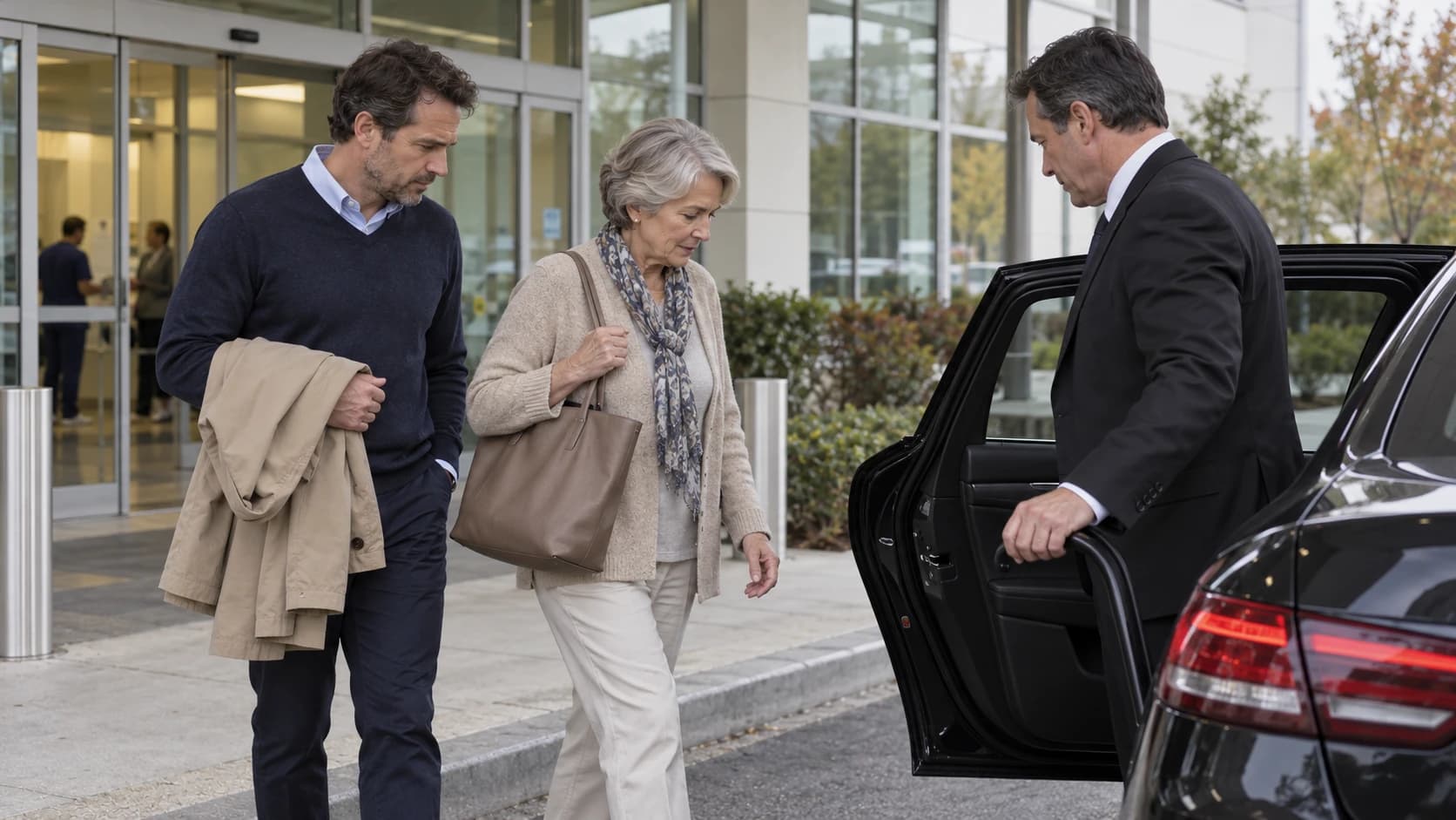 Two travelers leaving a medical office for a private car pickup
