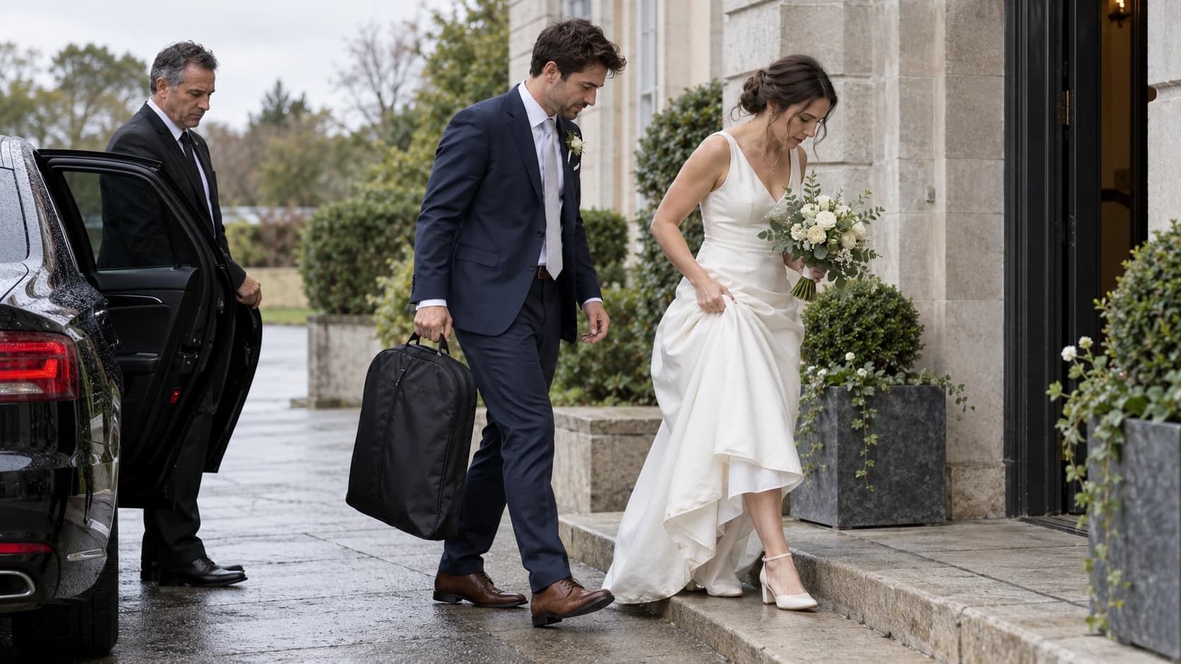 Wedding couple walking from their car toward a venue entrance